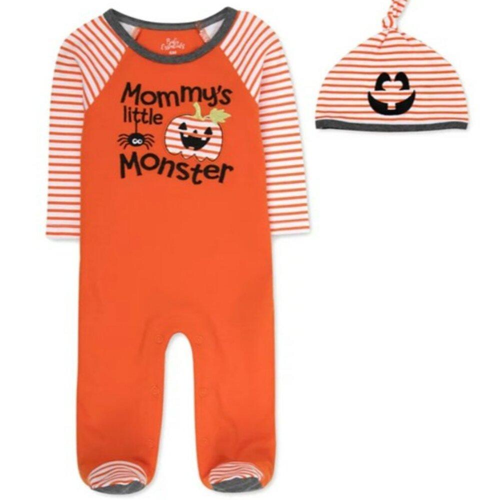 NWT. BABY ESSENTIALS Baby Unisex "Mommy's Little Monster" Footie & Cap, 2-Pc Set